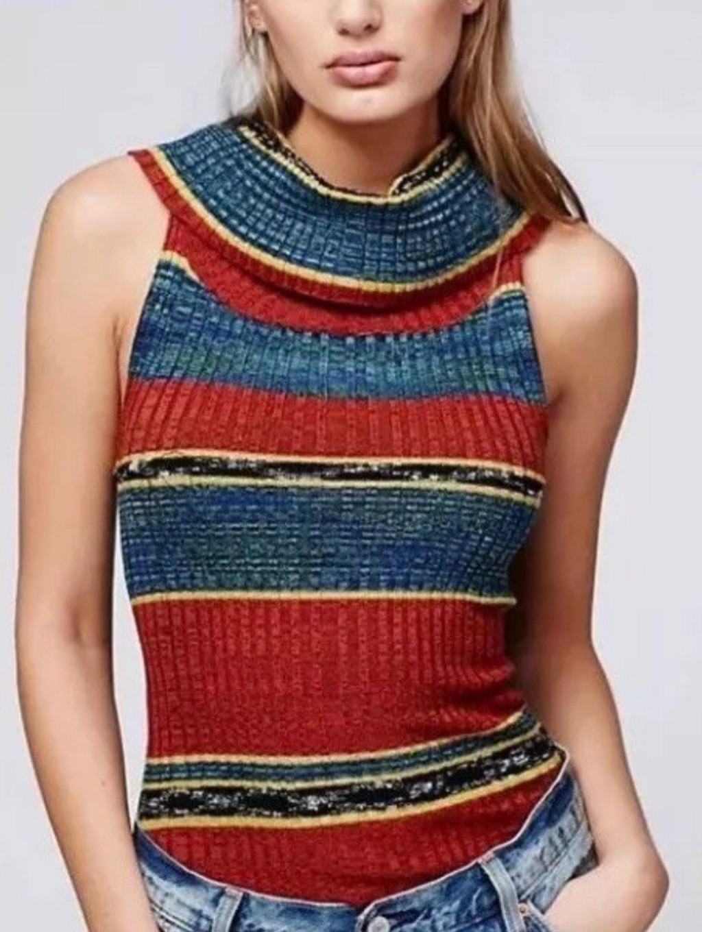 Free People Sleeveless Striped Ribbed Sweater Tank - Red/Brown & Blue,Size M.
